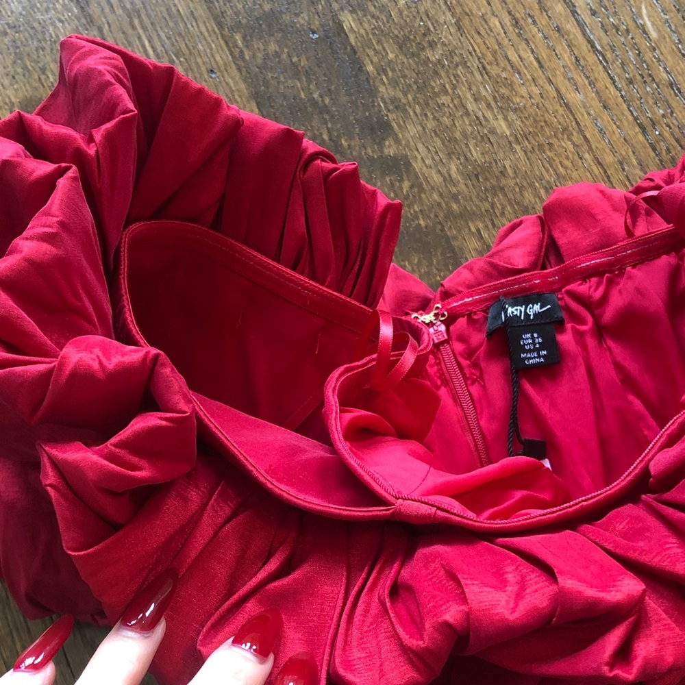 Nasty Gal Red Ruffle Ruched Taffeta Stretch Mini Dress - Picture 5 of 7